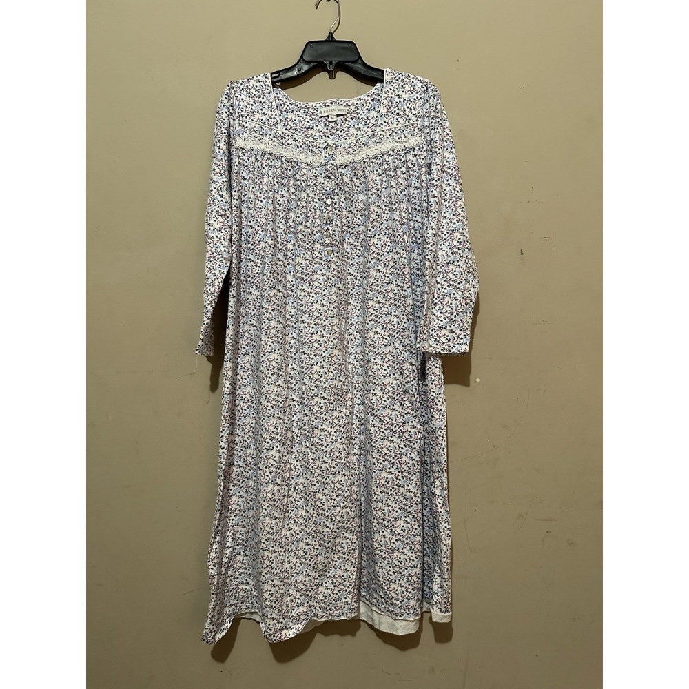 Eileen West Women's Medium M Long Sleeve Floral Nightgown Dress Lace Trim Cotton